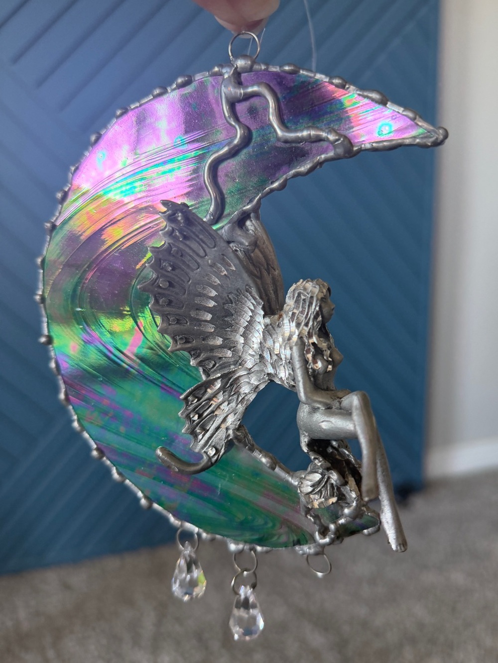 Pewter Fairy on Iridescent Stained Glass Moon Suncatcher Wall Hanging